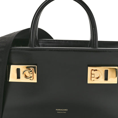 Salvatore Ferragamo Brushed Off Calfskin Small Gancini Buckles Tote Bag Black 7 of 10