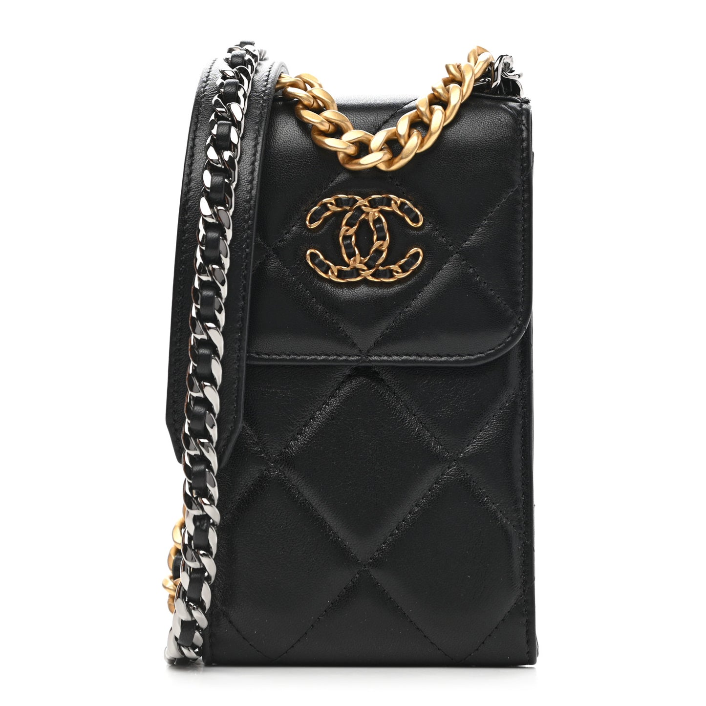 Lambskin Quilted Chanel 19 Phone Holder With Chain Black
