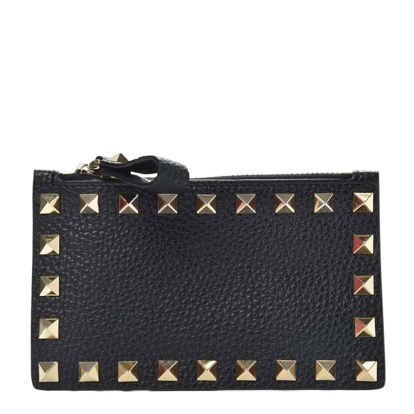 Pebbled Calfskin Rockstud Coin Case Card Holder Black