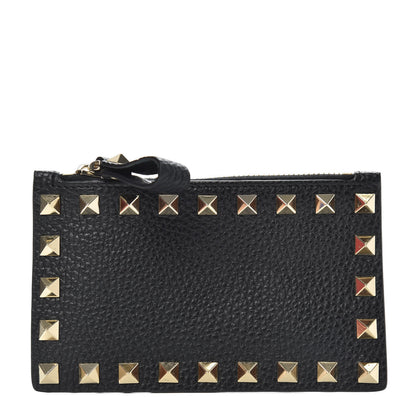 Valentino Garavani Pebbled Calfskin Rockstud Coin Case Card Holder Black 1 of 7