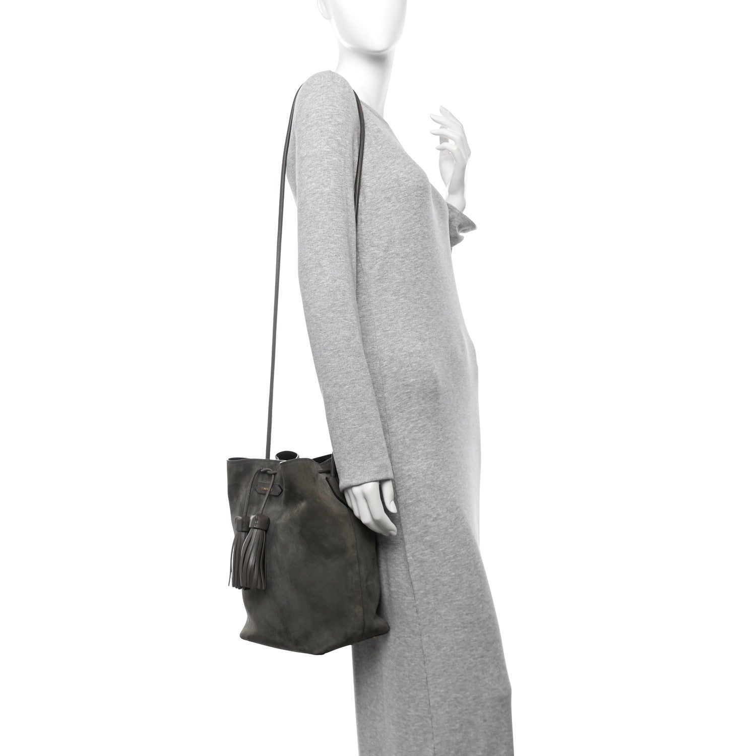 Tom Ford Suede Medium Double Tassel Bucket Bag Graphite 2 of 14