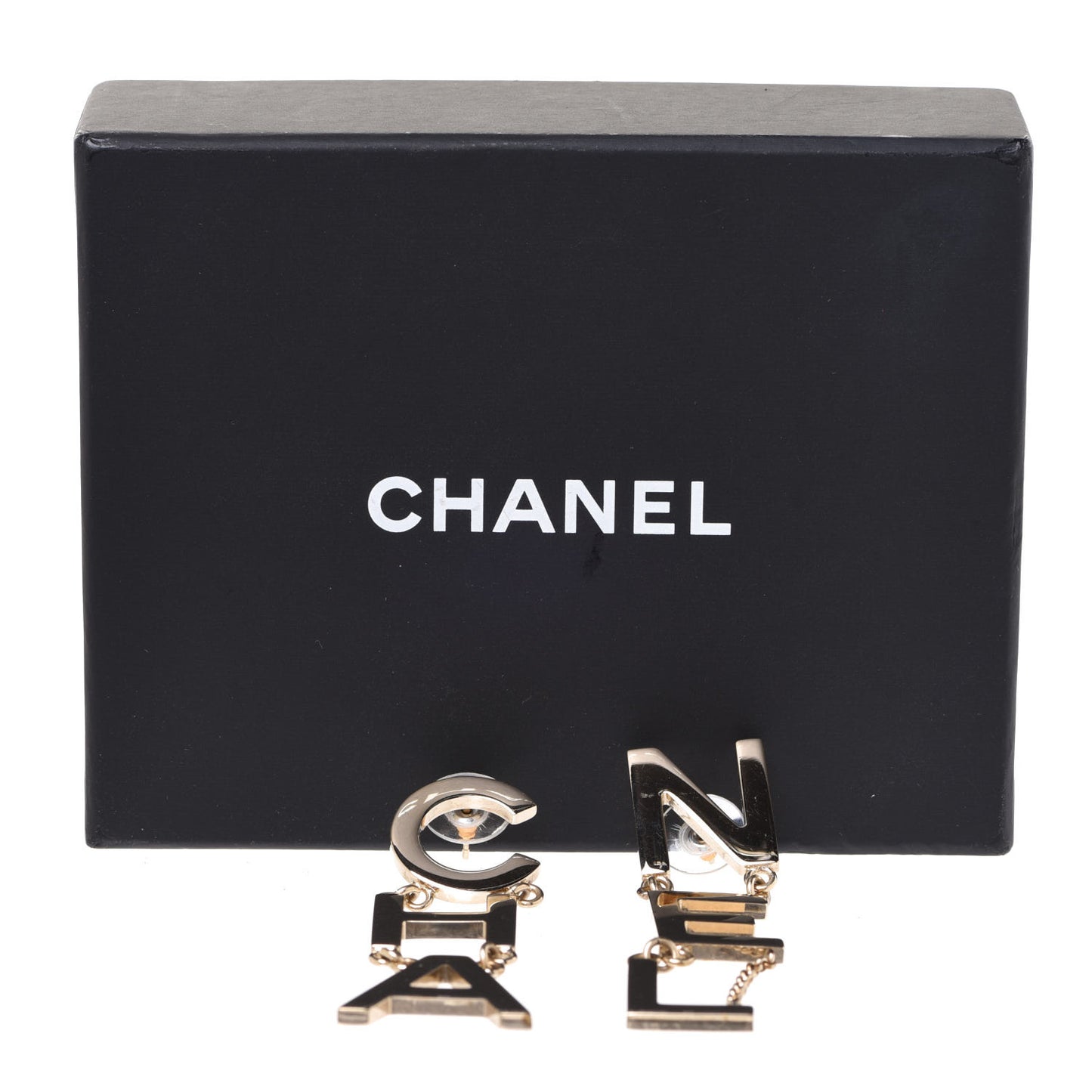 Metal Cha-Nel Logo Drop Earrings Gold