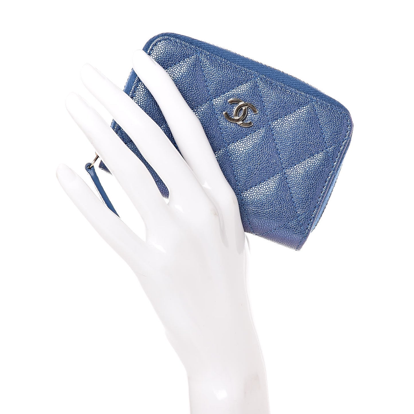 Iridescent Caviar Quilted Zip Coin Purse Blue