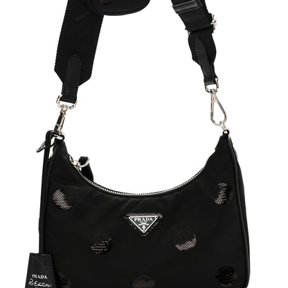 Prada Nylon Sequin Embellished Polka Dot Re-Edition 2005 Shoulder Bag Black 8 of 10