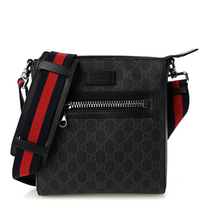 Gucci GG Supreme Monogram Web Small Flat Messenger Bag Black Grey 1 of 10