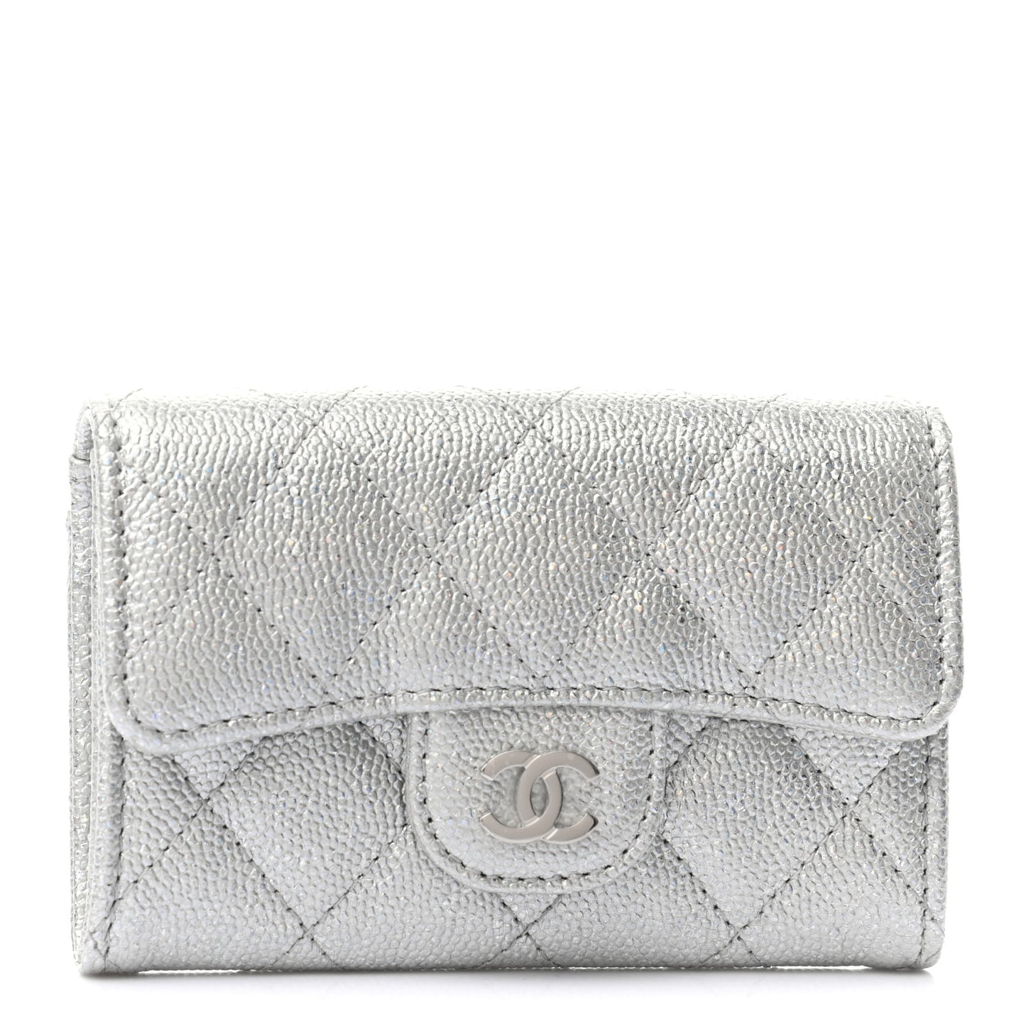 Glittered Metallic Caviar Quilted Flap Card Holder Wallet Silver