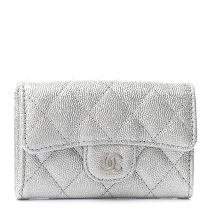 Chanel Glittered Metallic Caviar Quilted Flap Card Holder Wallet Silver 1 of 7