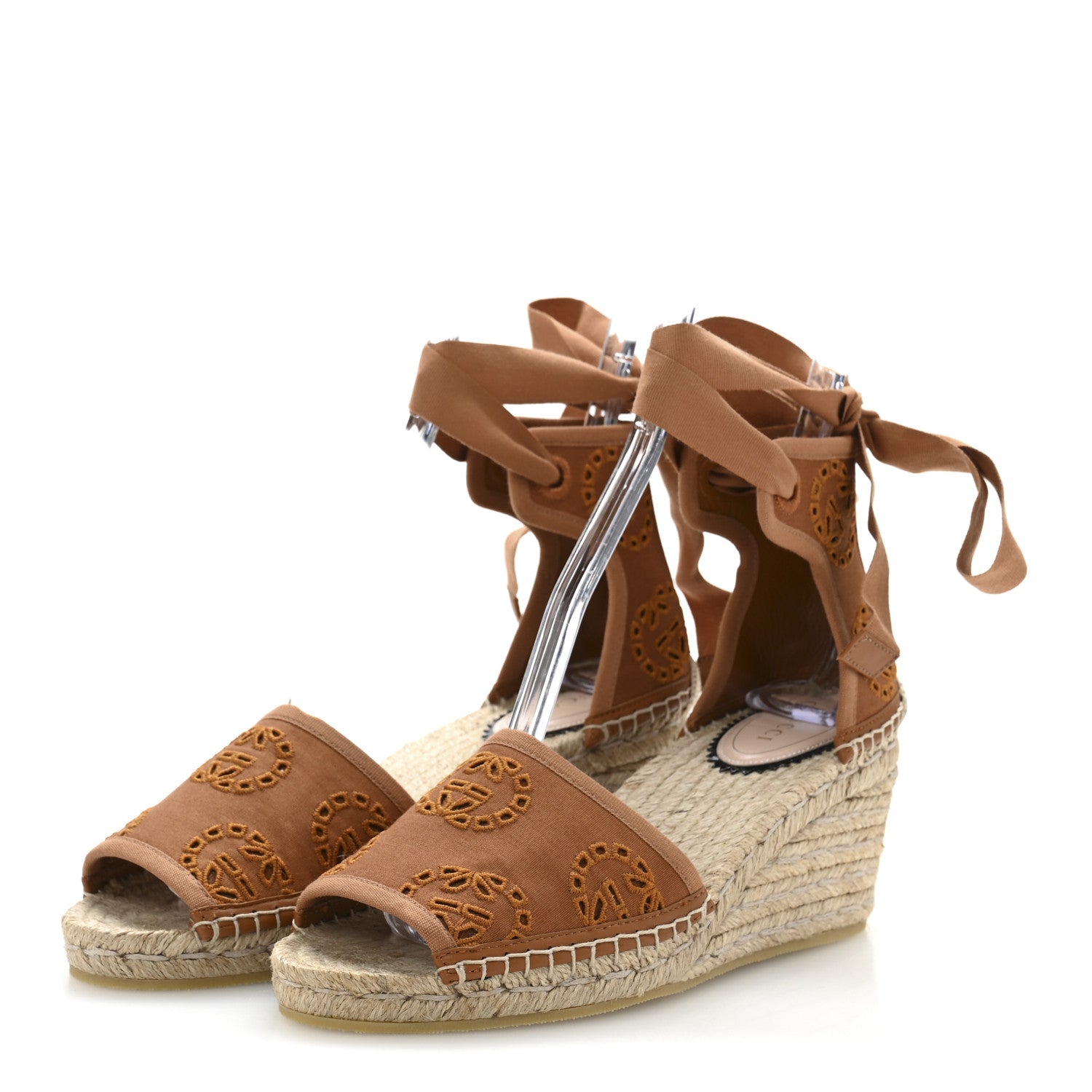 Gucci Canvas Damita GG Eyelet Espadrille Wedge Sandals 37.5 Blondie Cognac 4 of 10
