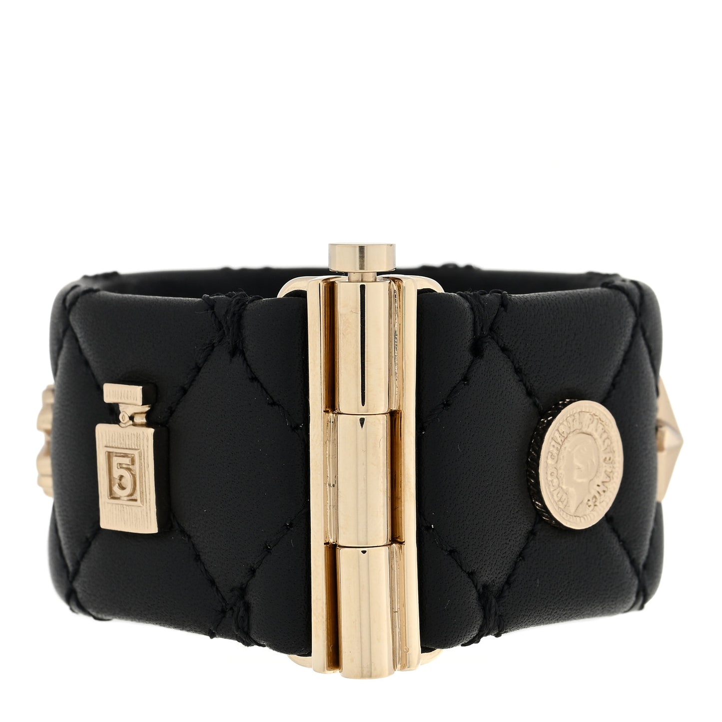 Lambskin Quilted CC Charms Turnlock Cuff Bracelet M Black