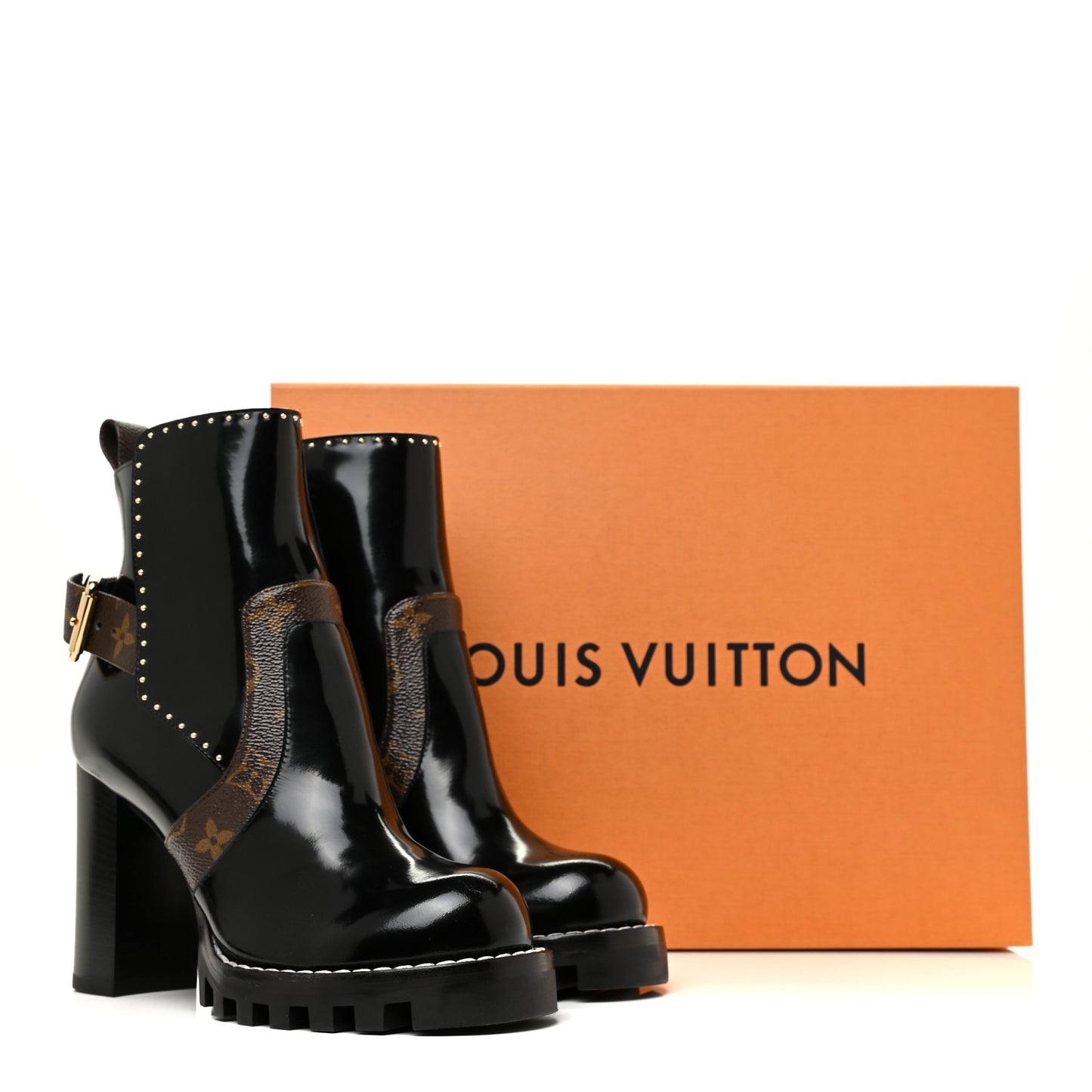 Glazed Calfskin Monogram Embellished Star Trail Ankle Boots 37 Black