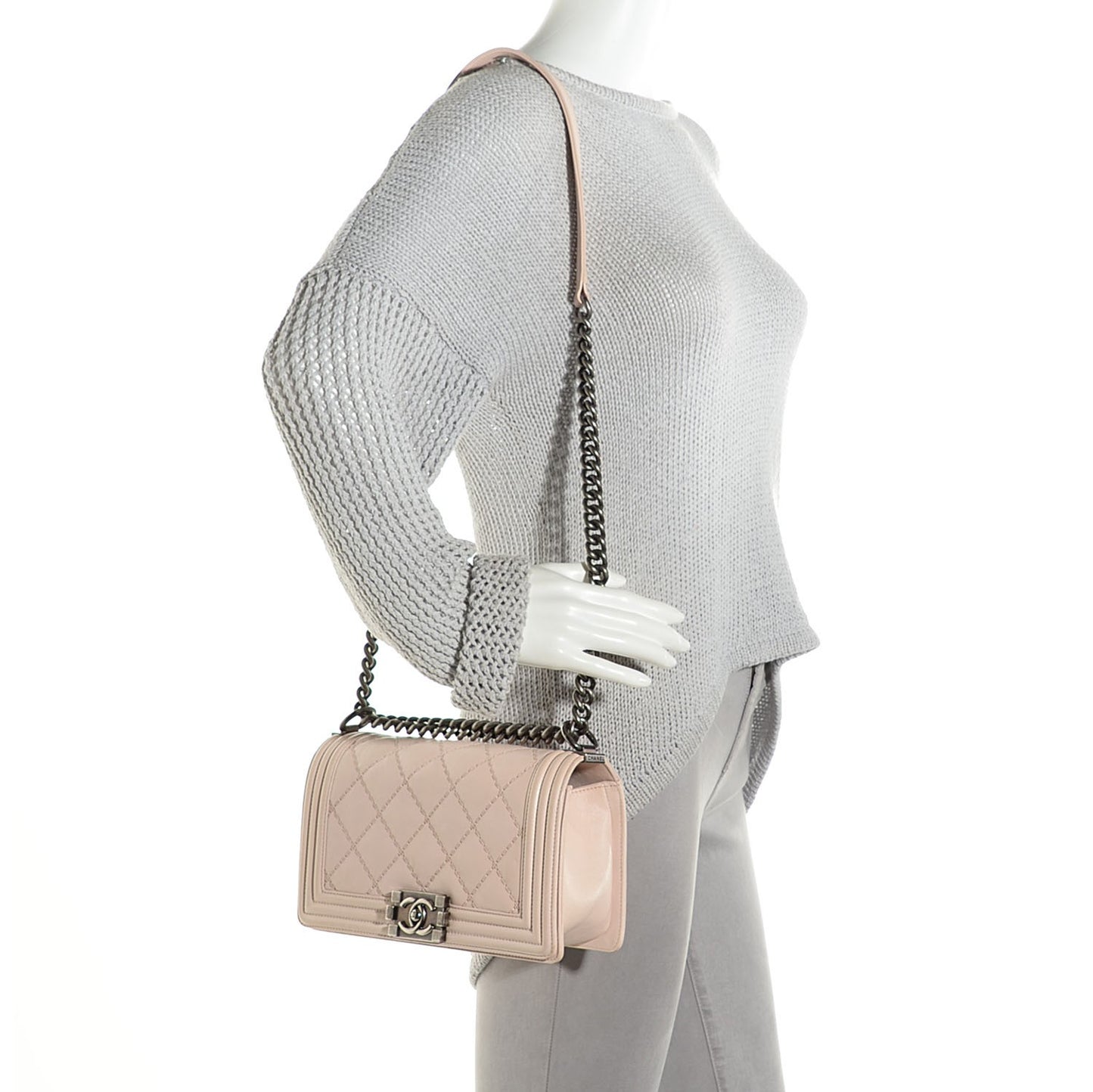 Calfskin Double Stitch Medium Boy Flap Light Pink