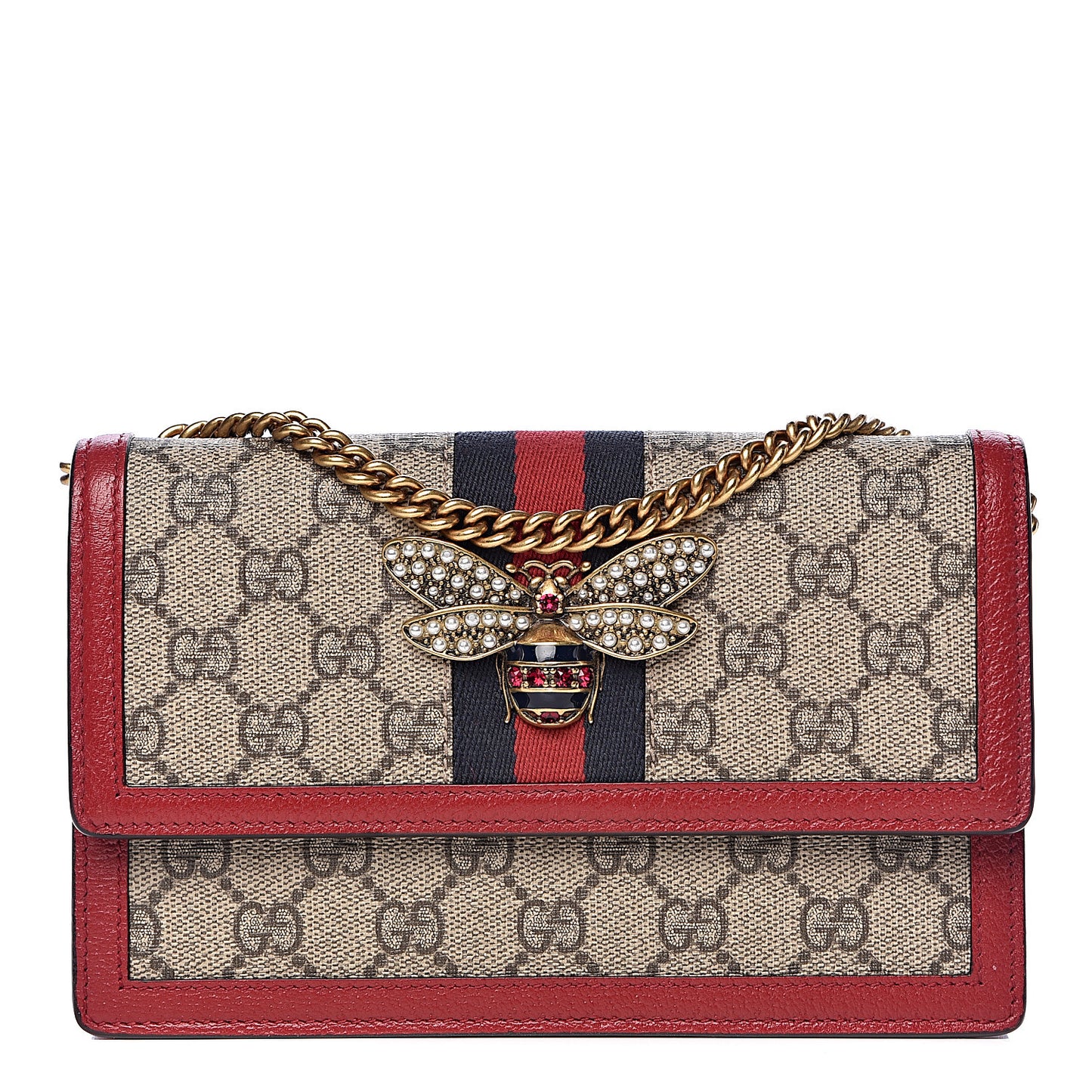 GG Supreme Monogram Web Queen Margaret Chain Wallet Red