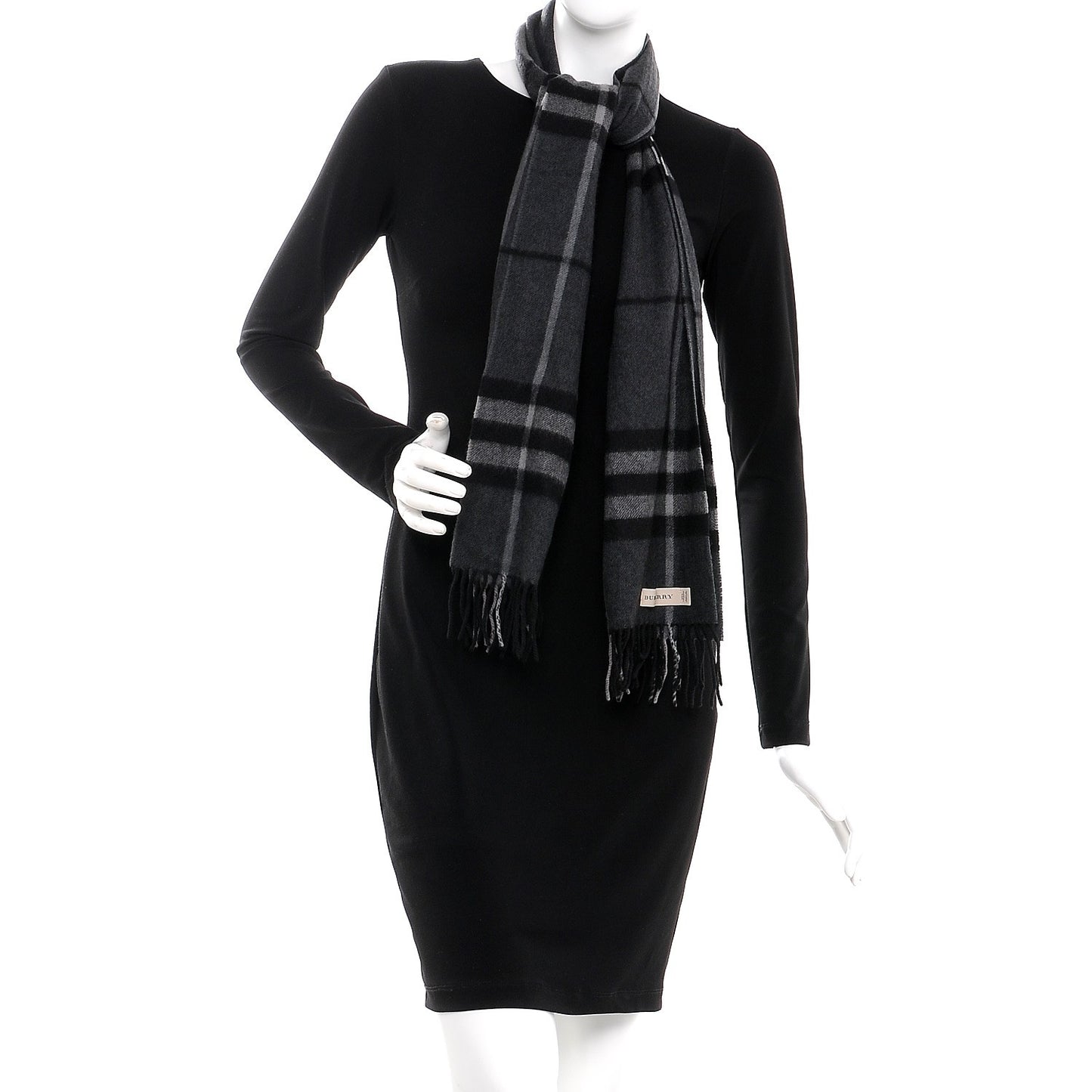 Cashmere Giant Check Fringe Scarf Charcoal