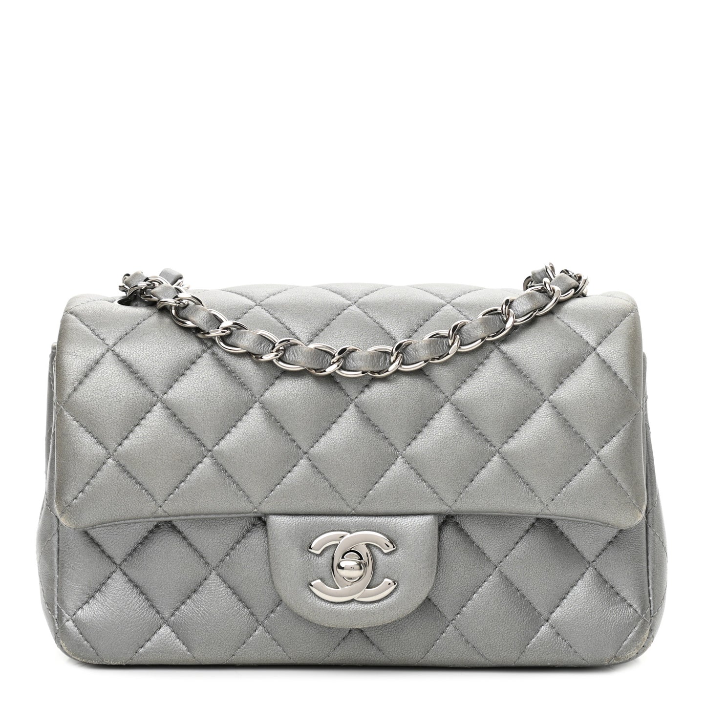 Metallic Lambskin Quilted Mini Rectangular Flap Silver