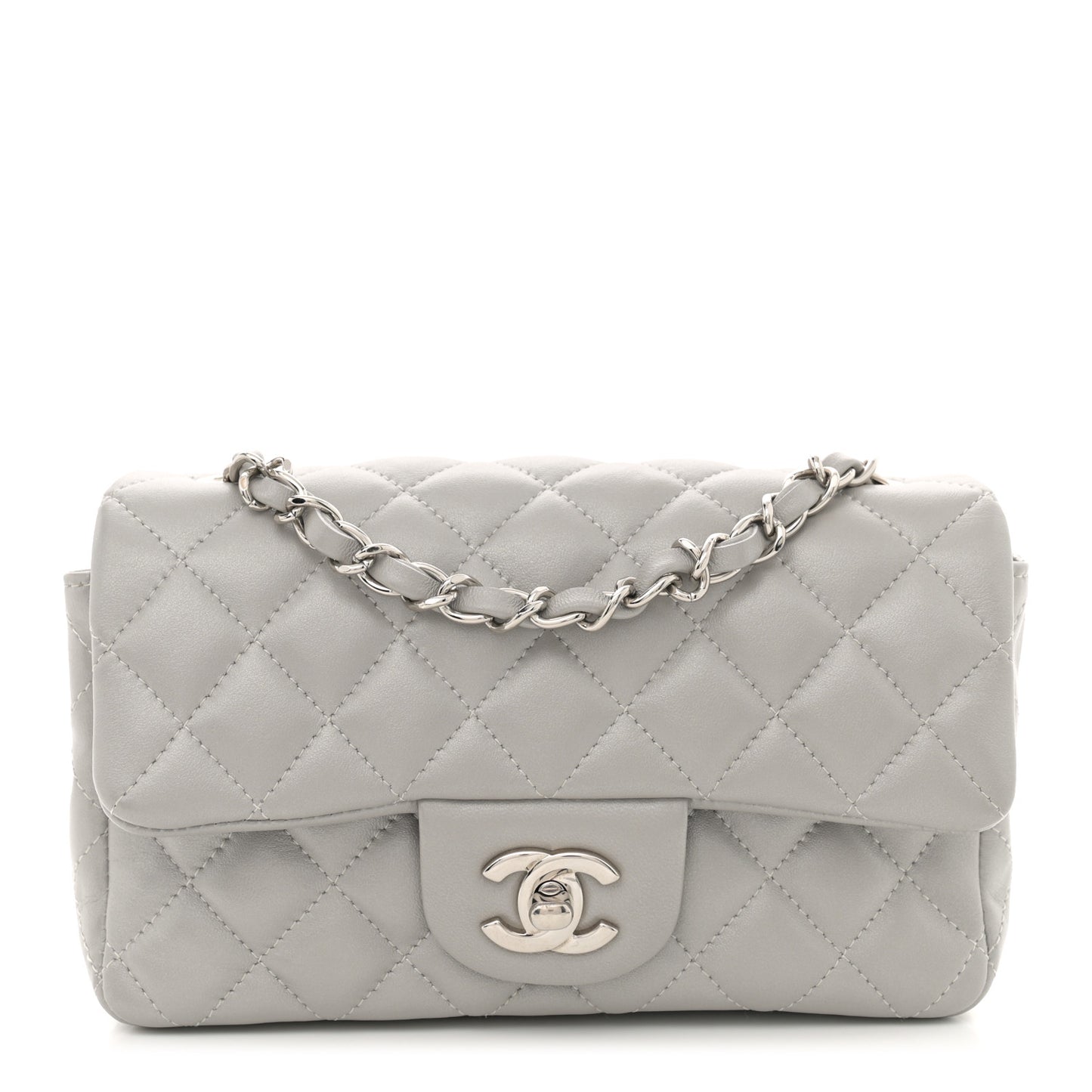 Metallic Lambskin Quilted Mini Rectangular Flap Silver