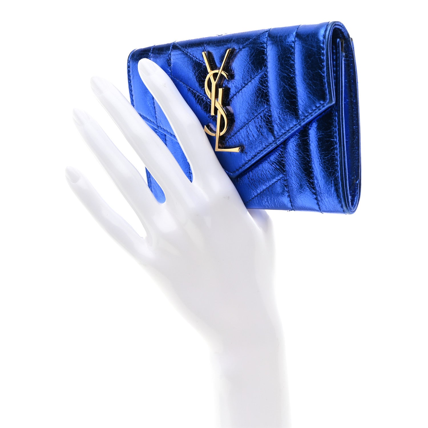 Saint Laurent Metallic Goatskin Mixed Matelasse Chevron Small Monogram Envelope Wallet Blue 2 of 8