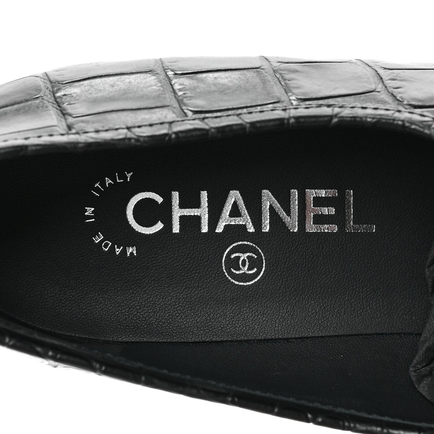 Chanel Calfskin Crocodile Embossed Low Heel CC Chain Mocassin Loafers 38 Navy Black 7 of 8