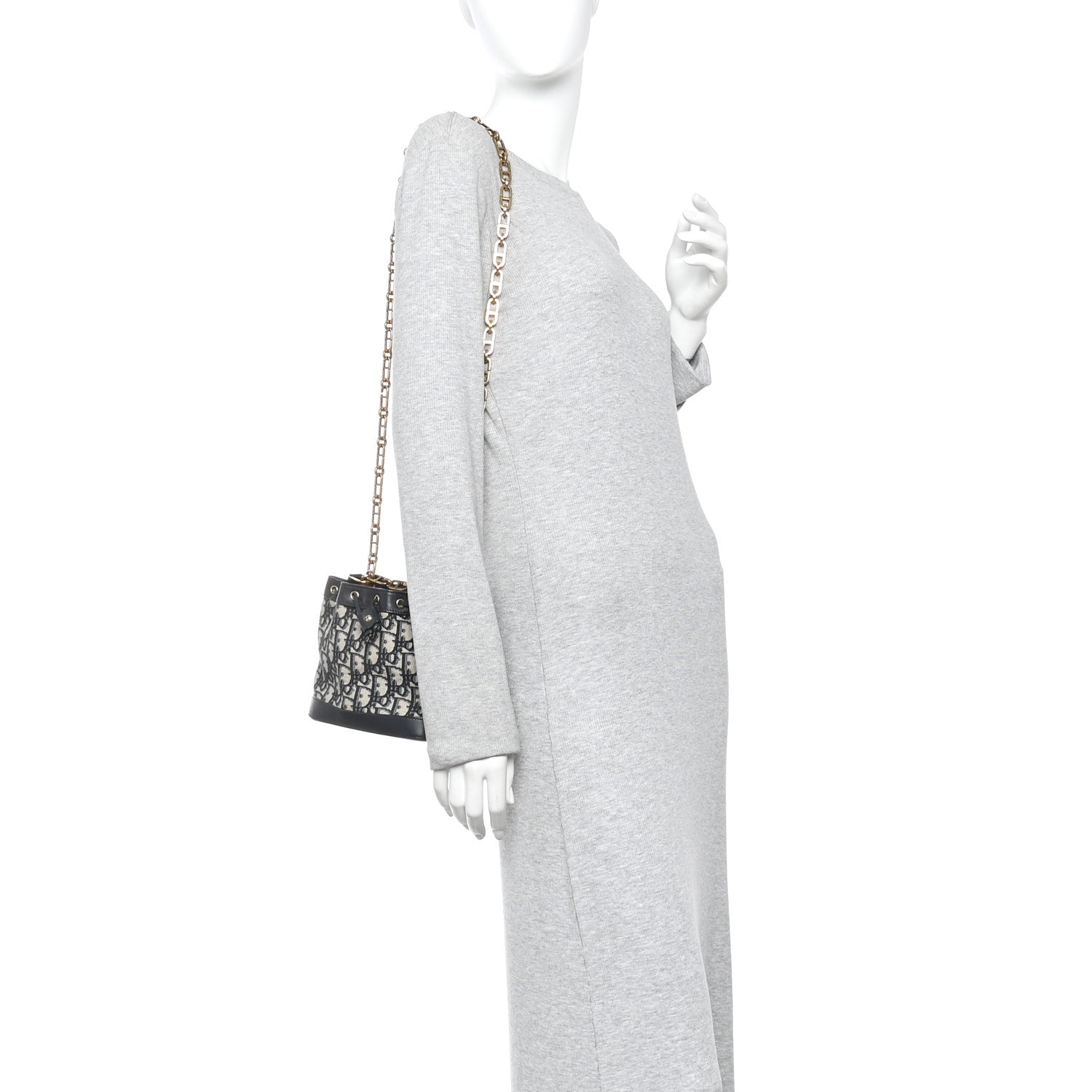 Christian Dior Oblique Drawstring Chain Bucket Bag Blue 2 of 10
