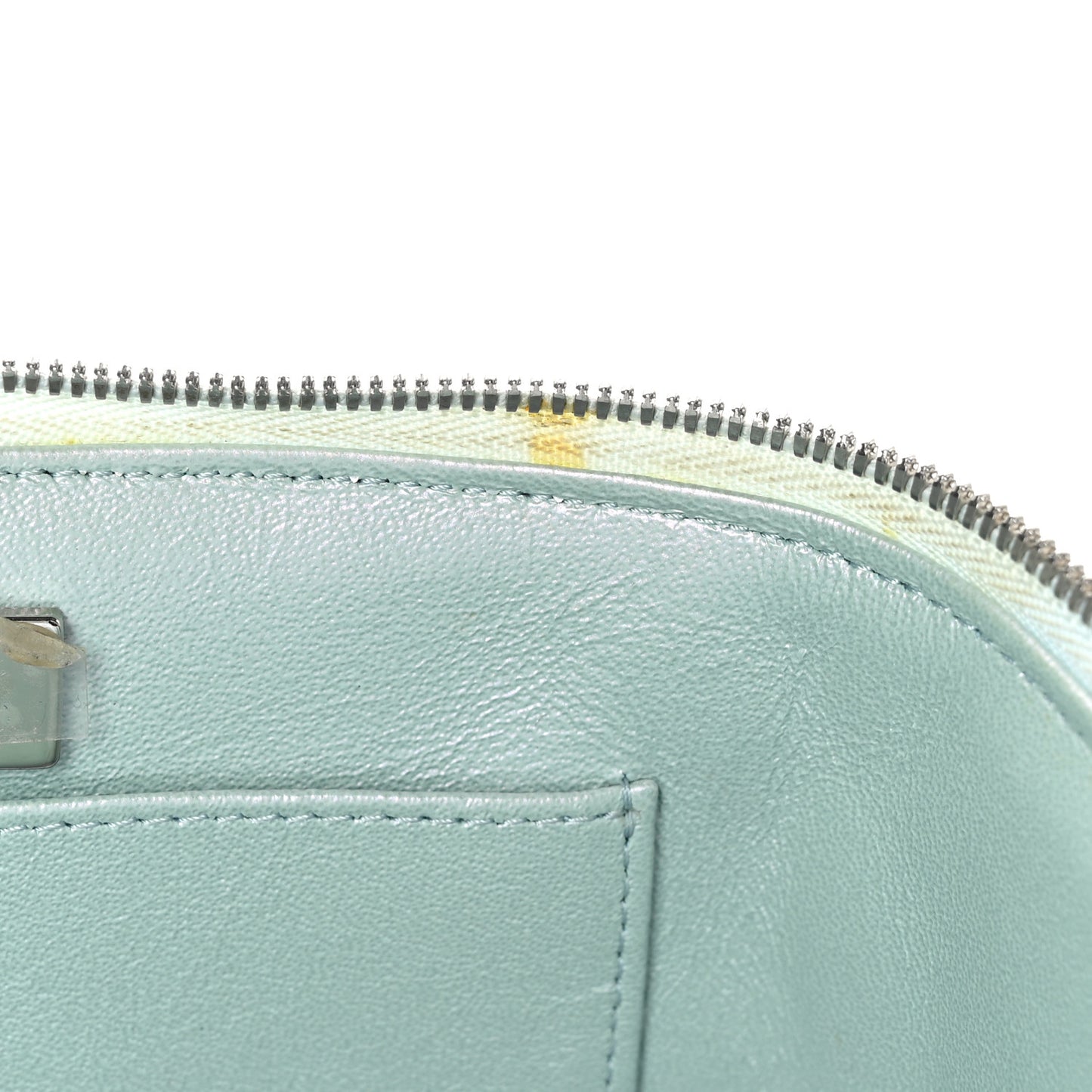 Iridescent Calfskin Quilted Small Top Handle Vanity Case With Chain Blue
