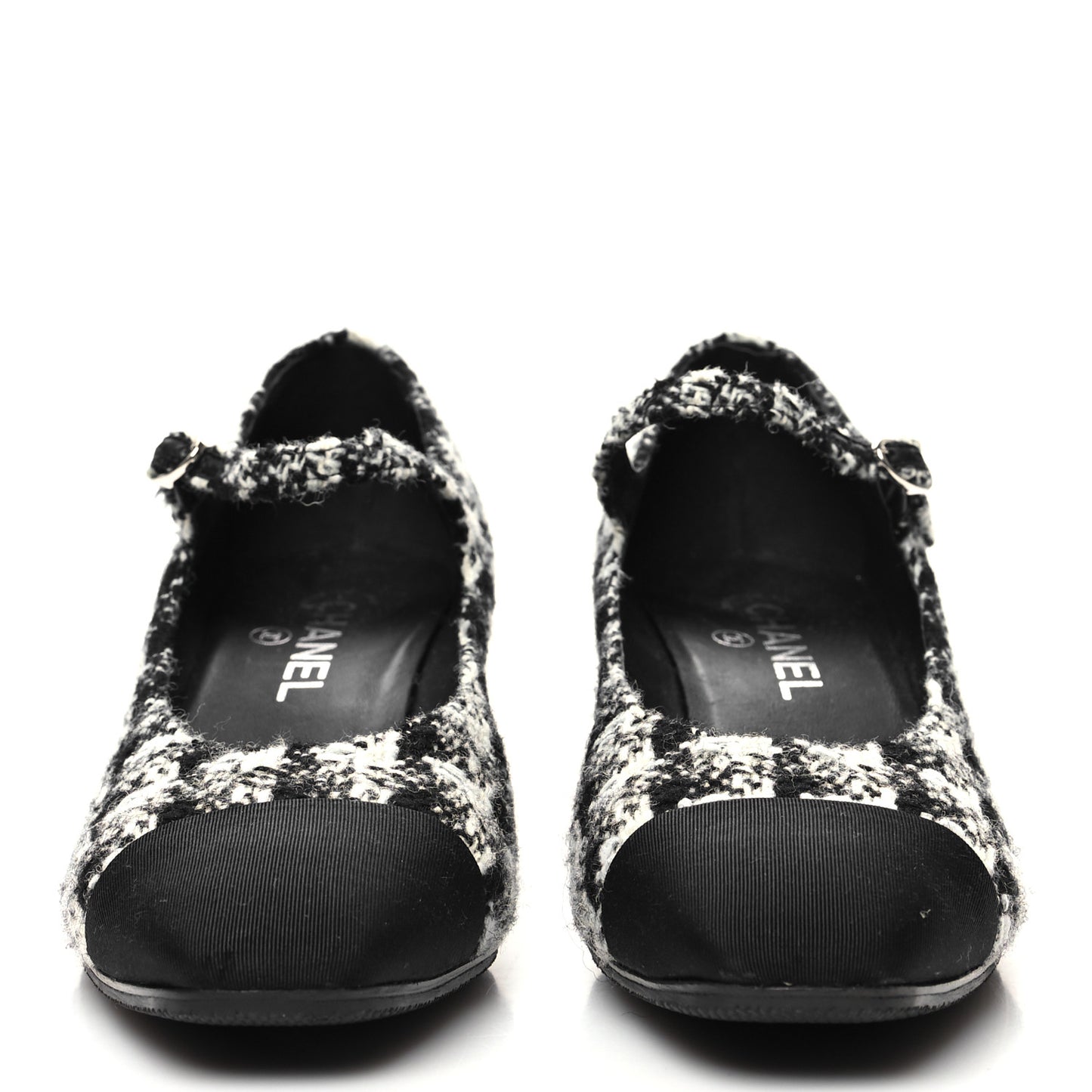Tweed Grosgrain Cap Toe Mary Jane Mid Heel Strap Pumps 39.5 White Black