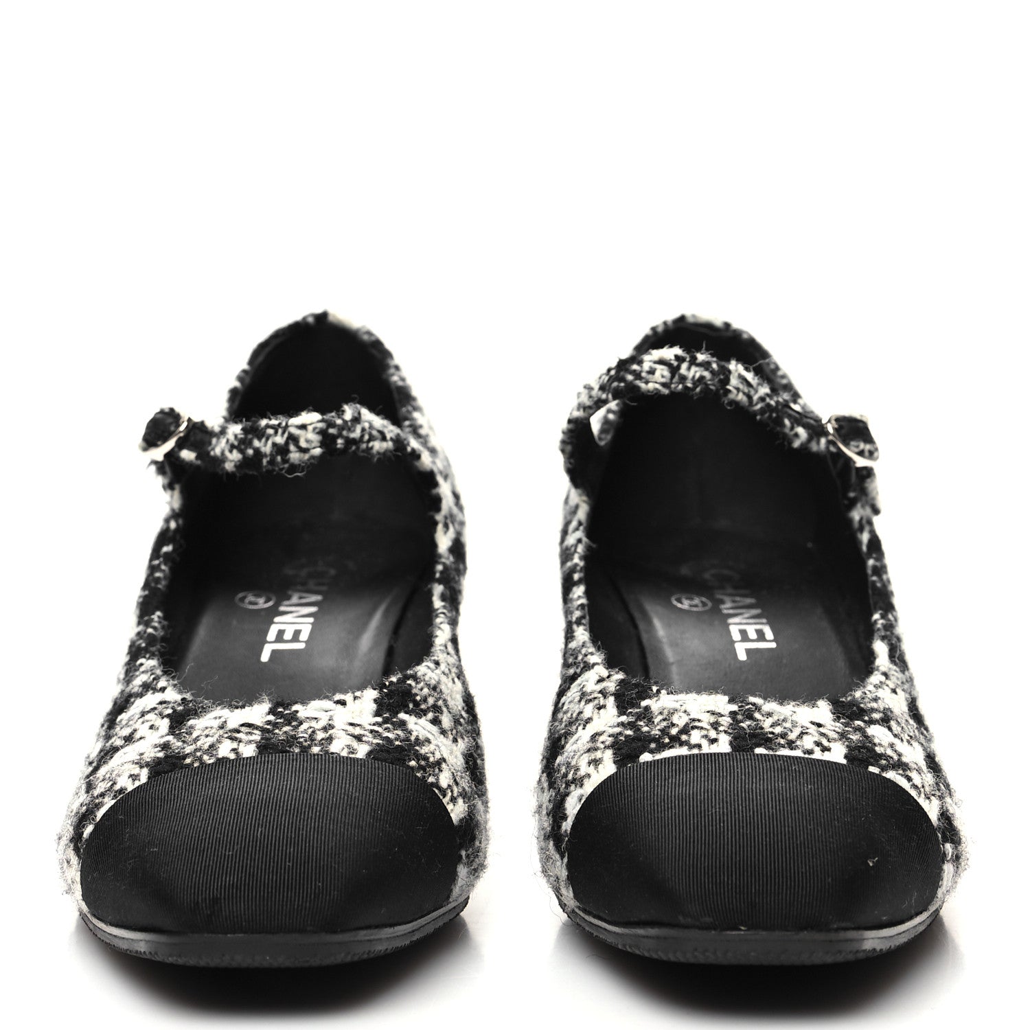 Chanel Tweed Grosgrain Cap Toe Mary Jane Mid Heel Strap Pumps 39.5 White Black 2 of 8