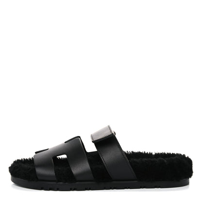 Hermes Calfskin Woolskin Womens Chypre Sandals 38 Black 1 of 9
