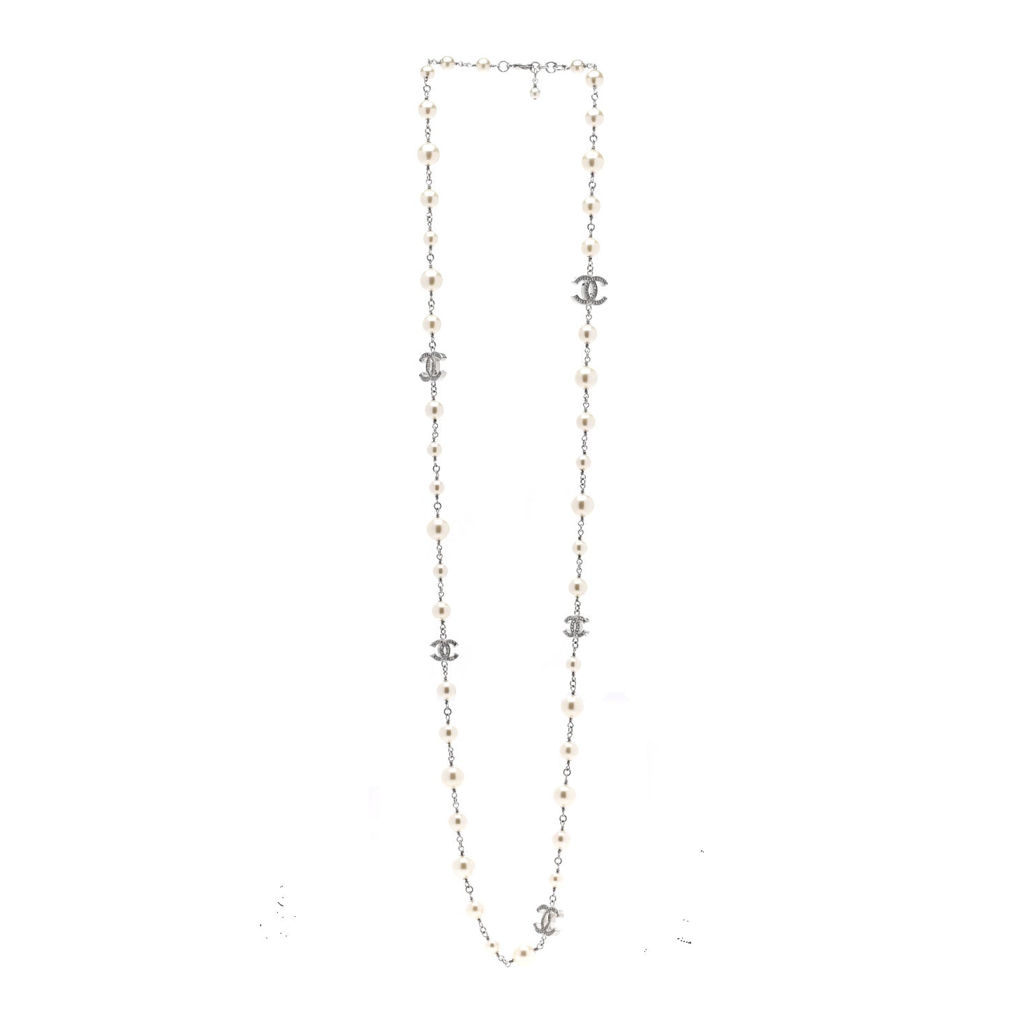 Graduated Pearl Crystal CC Long Necklace Silver