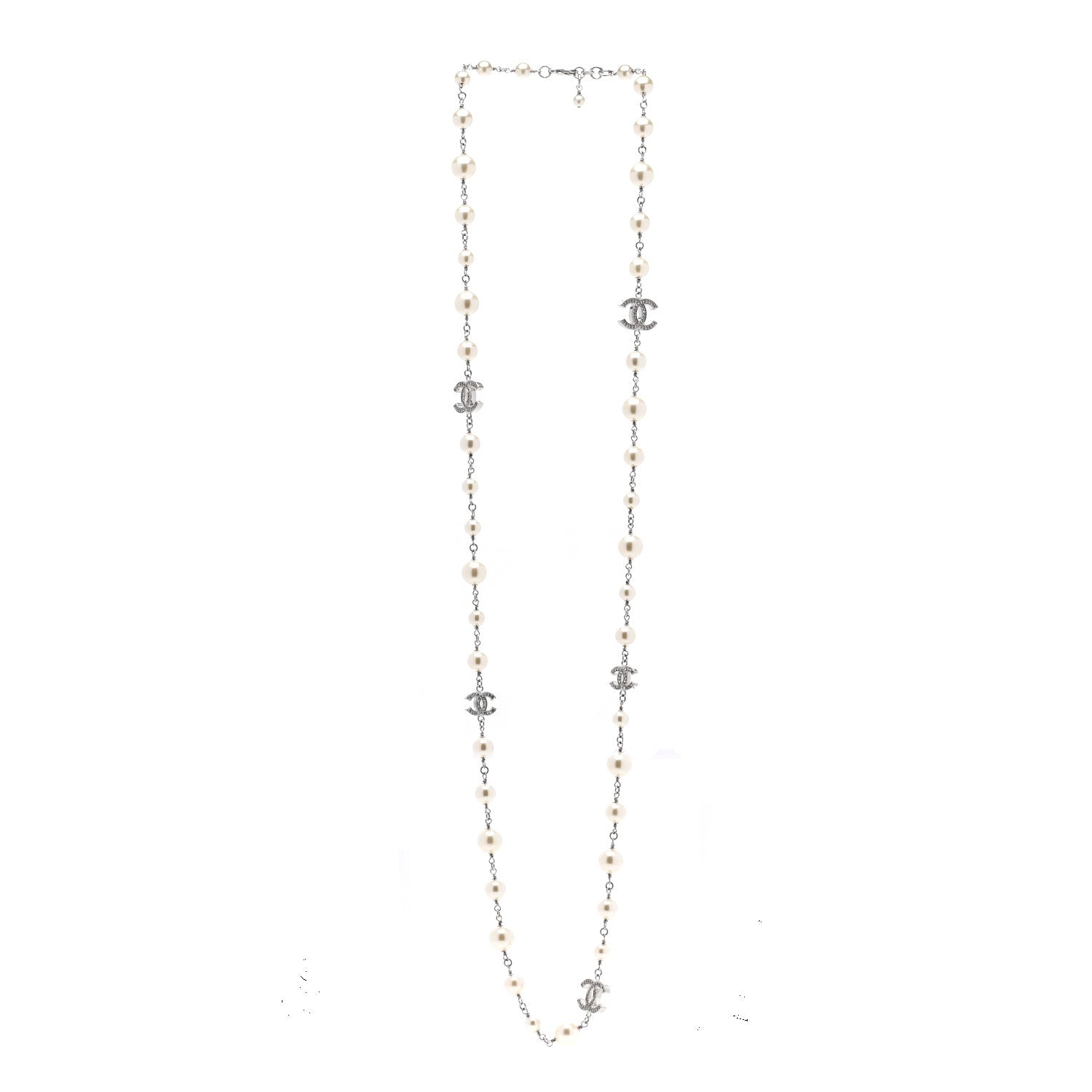 Chanel Graduated Pearl Crystal CC Long Necklace Silver 2 of 3