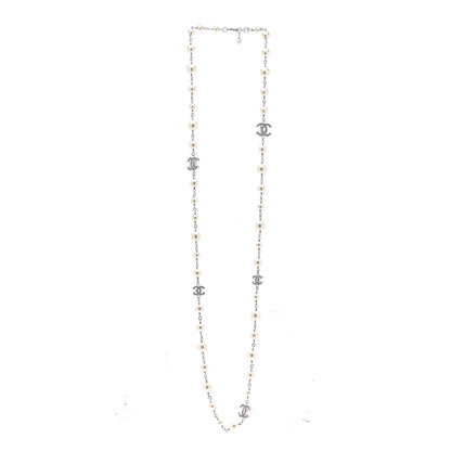 Chanel Graduated Pearl Crystal CC Long Necklace Silver 2 of 3