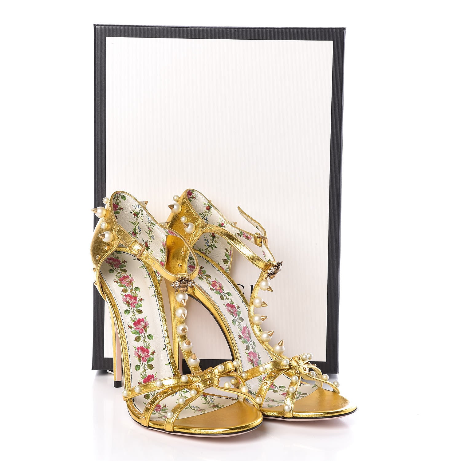 Gucci Metallic Nappa Silk Pearl Studded Regina T-Strap High Heel Sandals 40 Oro Vecchio 8 of 8