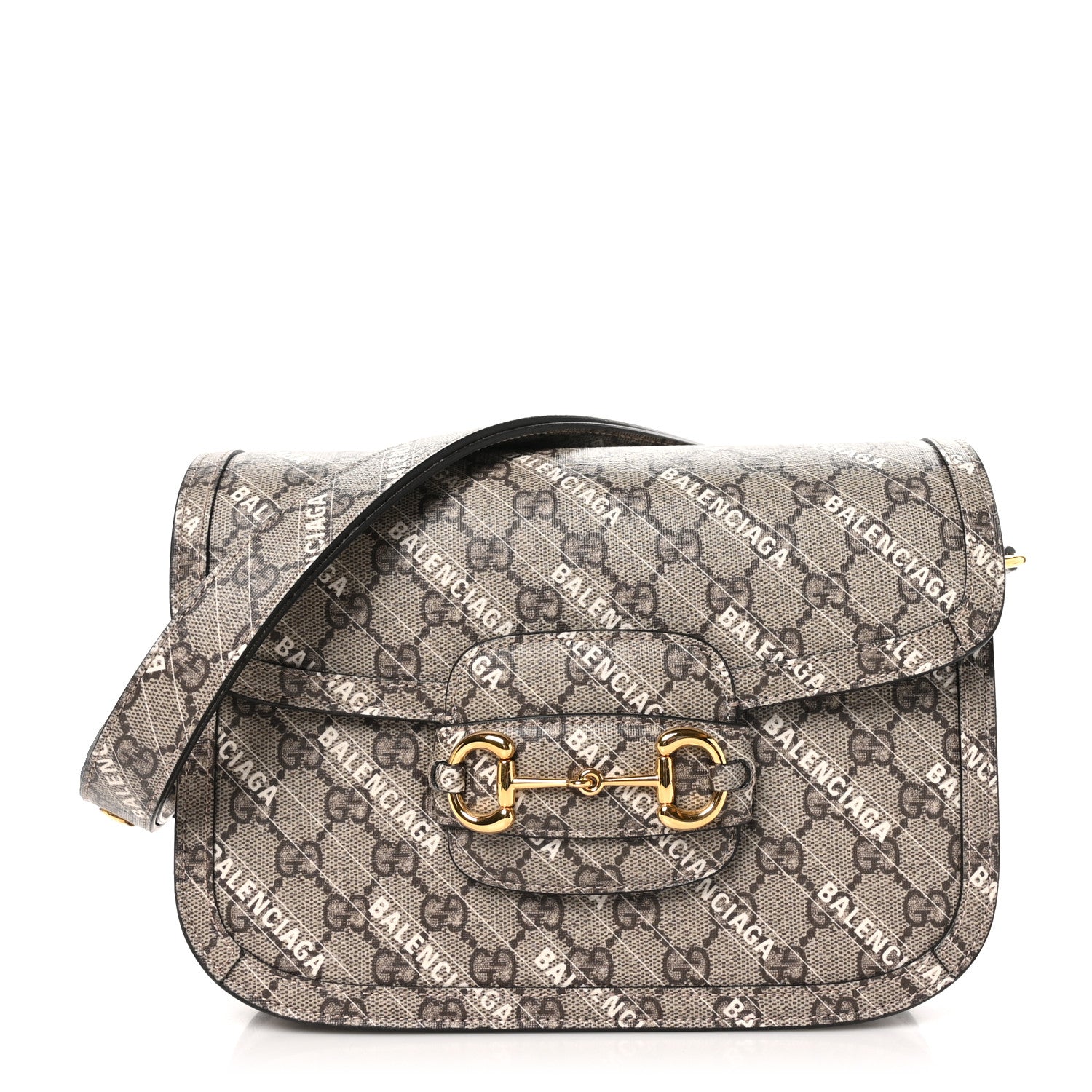 Gucci X BALENCIAGA GG Supreme Monogram Logo Print Horsebit 1955 Shoulder Bag Beige Ebony 1 of 10