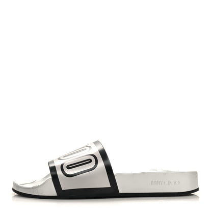 Jimmy Choo Metallic Rubber Logo Rey/F Slide Sandals 39 Silver Black 1 of 7