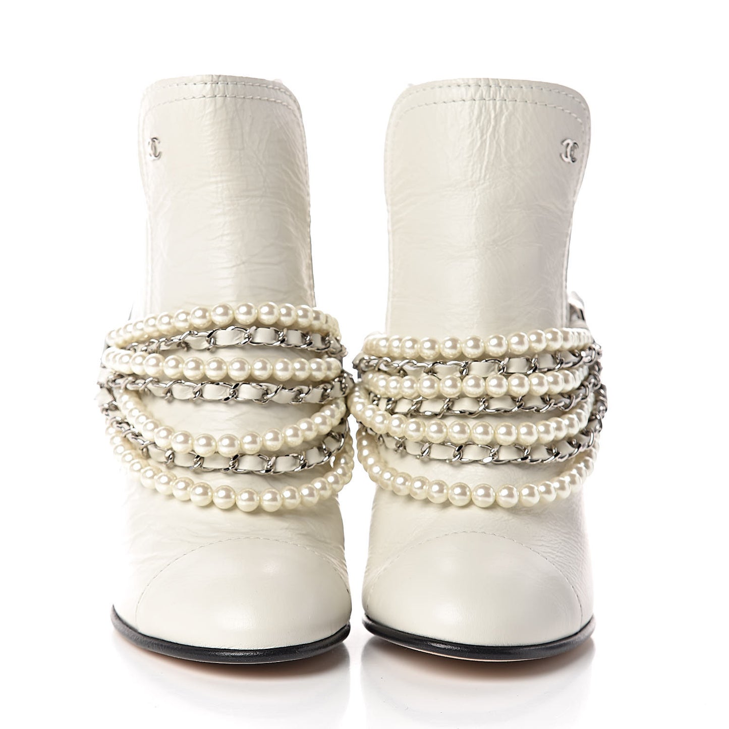 Crackled Calfskin Pearl Chain CC Short Boots 36.5 White