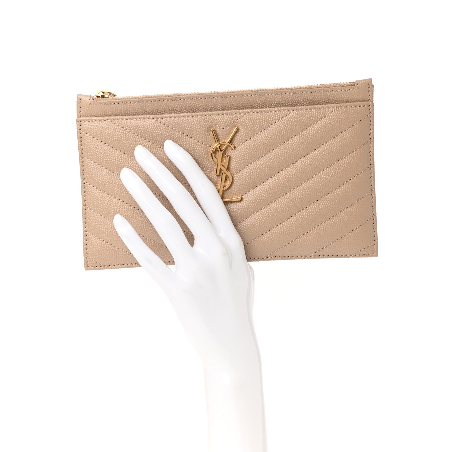 Saint Laurent Grain De Poudre Chevron Monogram Bill Pouch Dark Beige 3 of 9