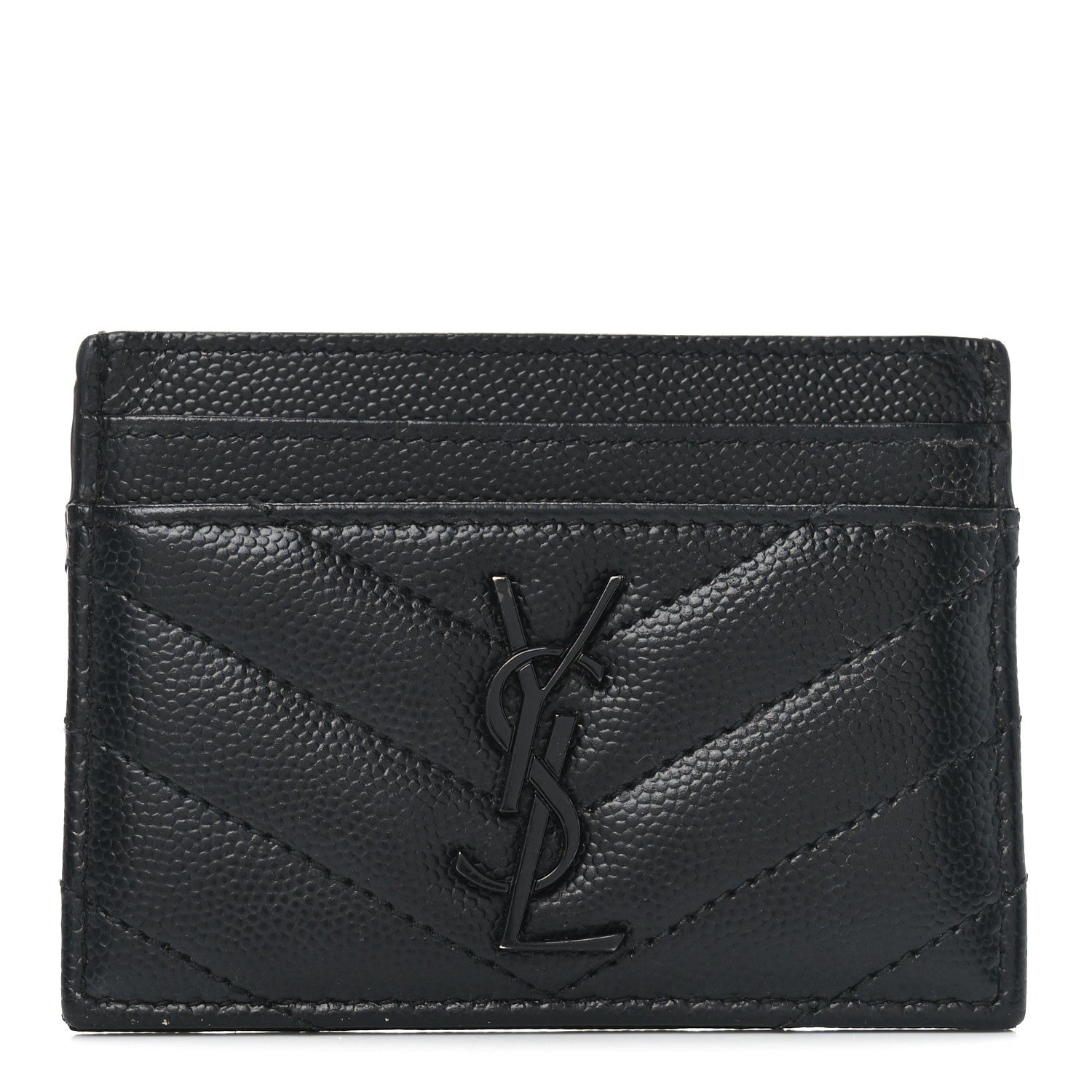 Saint Laurent Grain De Poudre Matelasse Chevron Monochrome Monogram Credit Card Case Black 1 of 7