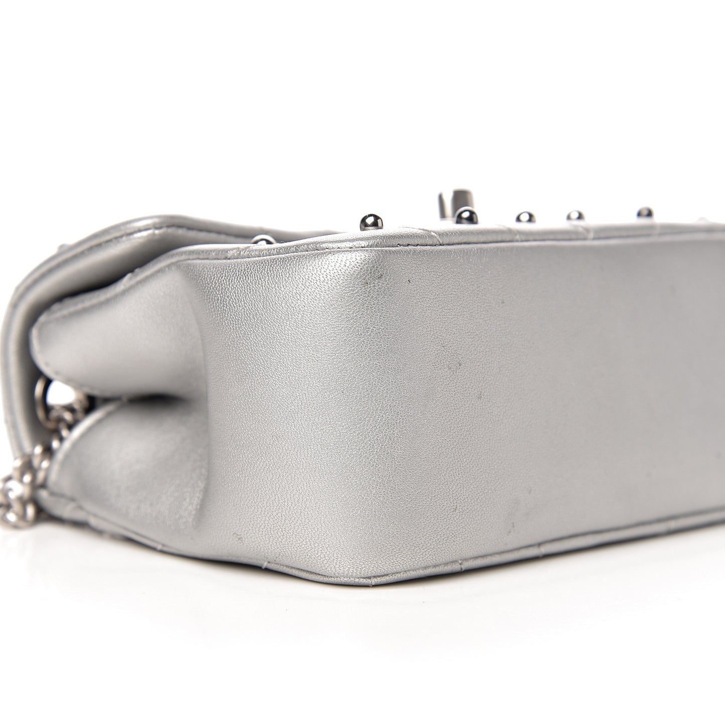 Metallic Lambskin Chevron Quilted Studded Mini Flap Silver