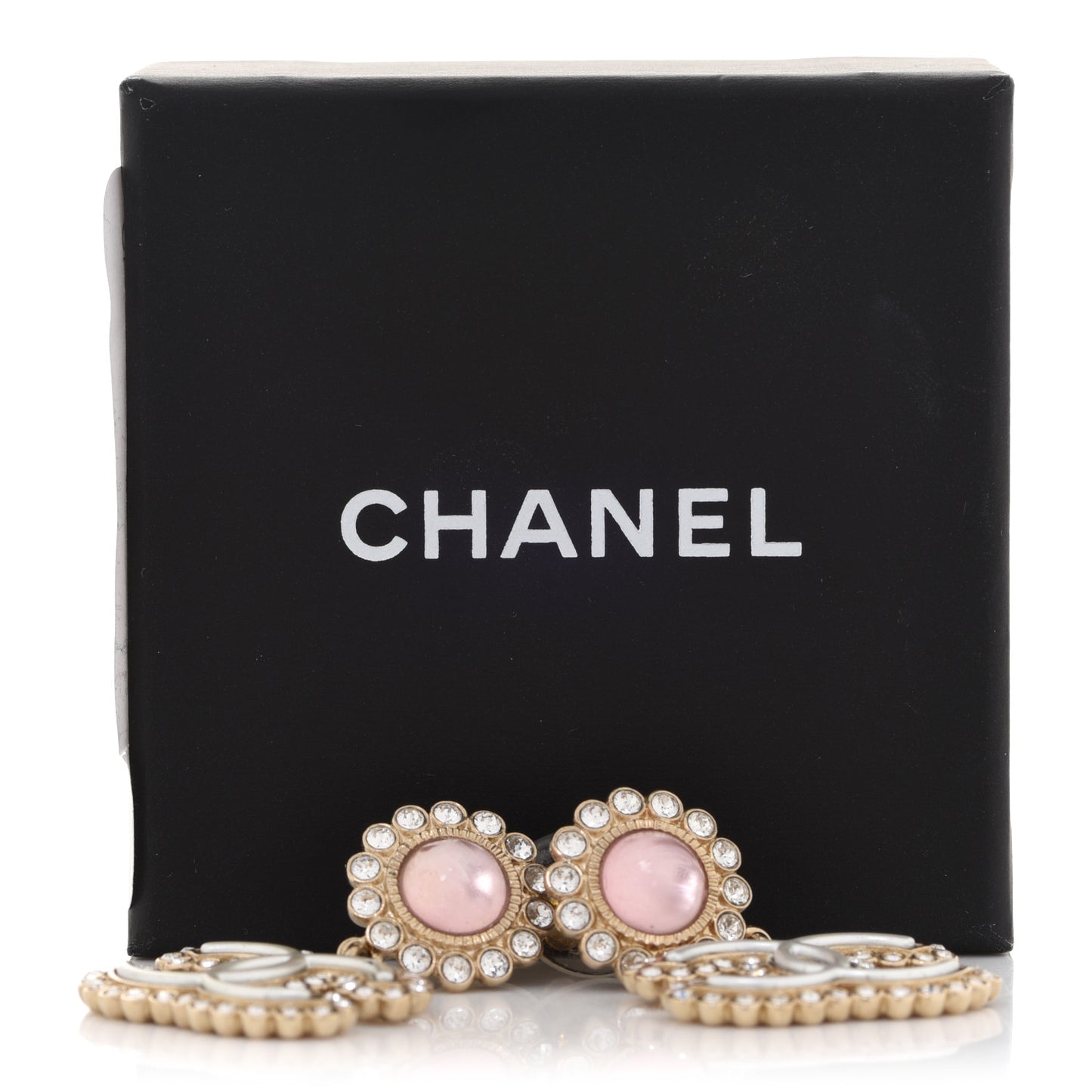 Crystal Pearl CC Drop Earrings Pink Gold