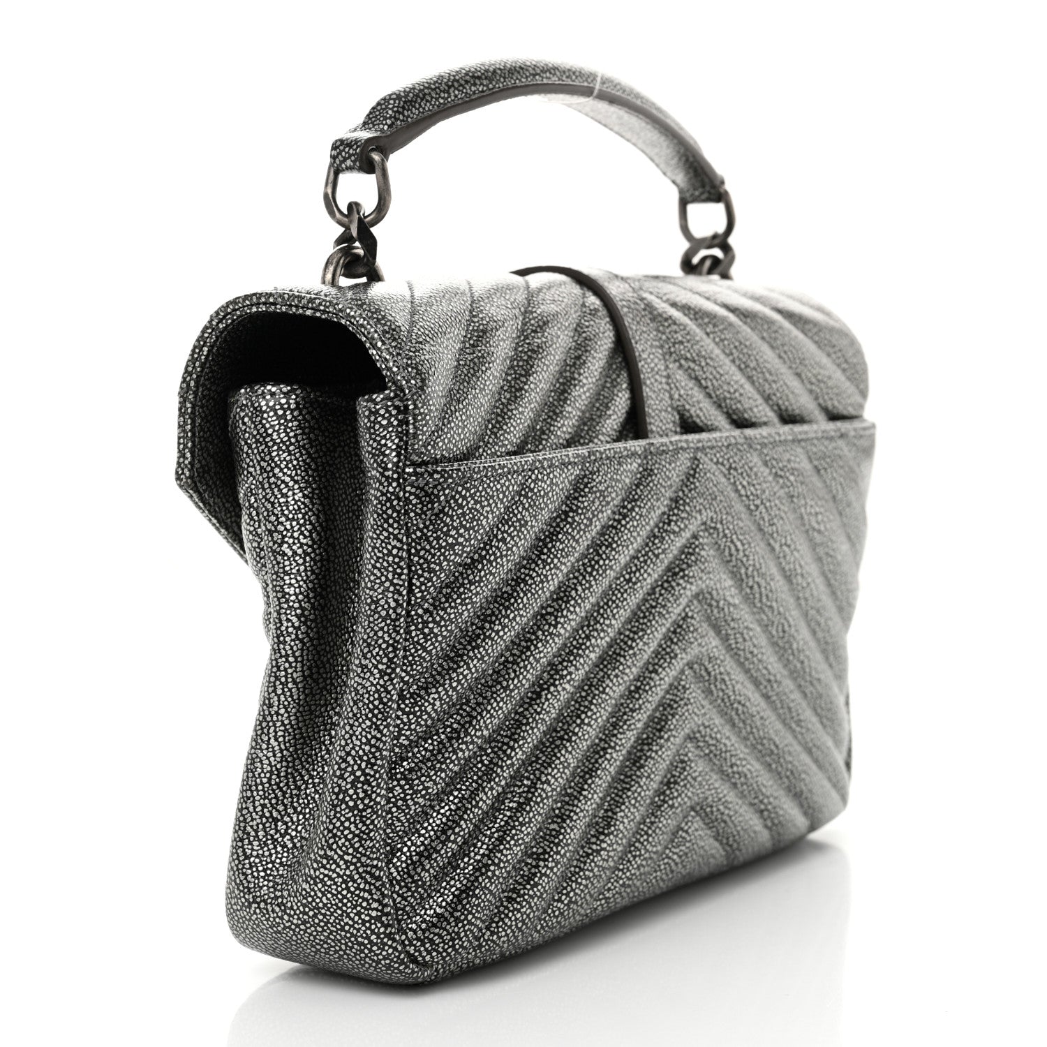 Saint Laurent Metallic Grain De Poudre Matelasse Chevron Monogram Medium College Bag Gunmetal 3 of 10