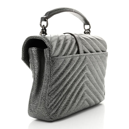 Saint Laurent Metallic Grain De Poudre Matelasse Chevron Monogram Medium College Bag Gunmetal 3 of 10
