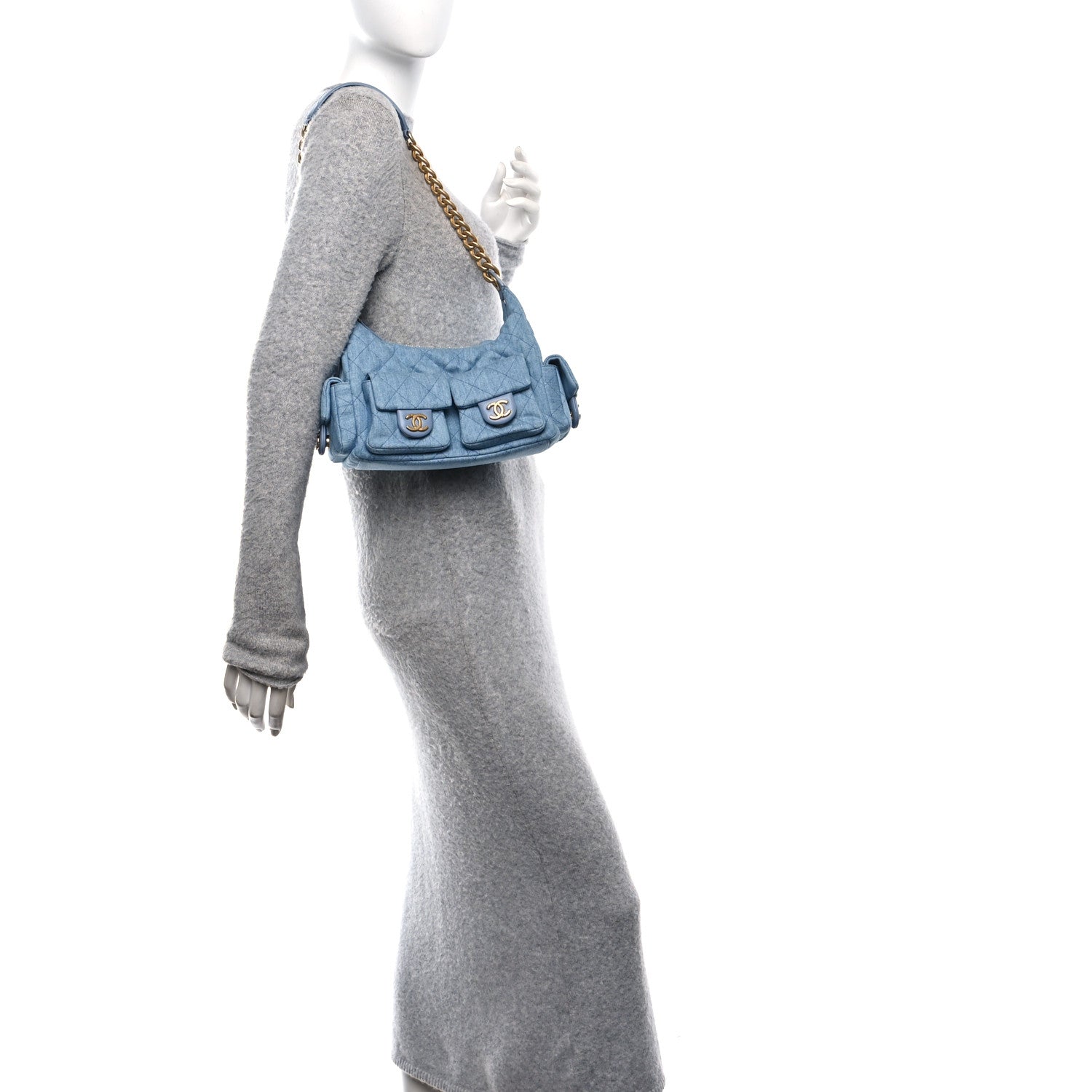 Chanel Washed Denim Quilted Large Trendy Pockets Hobo Blue 2 of 11