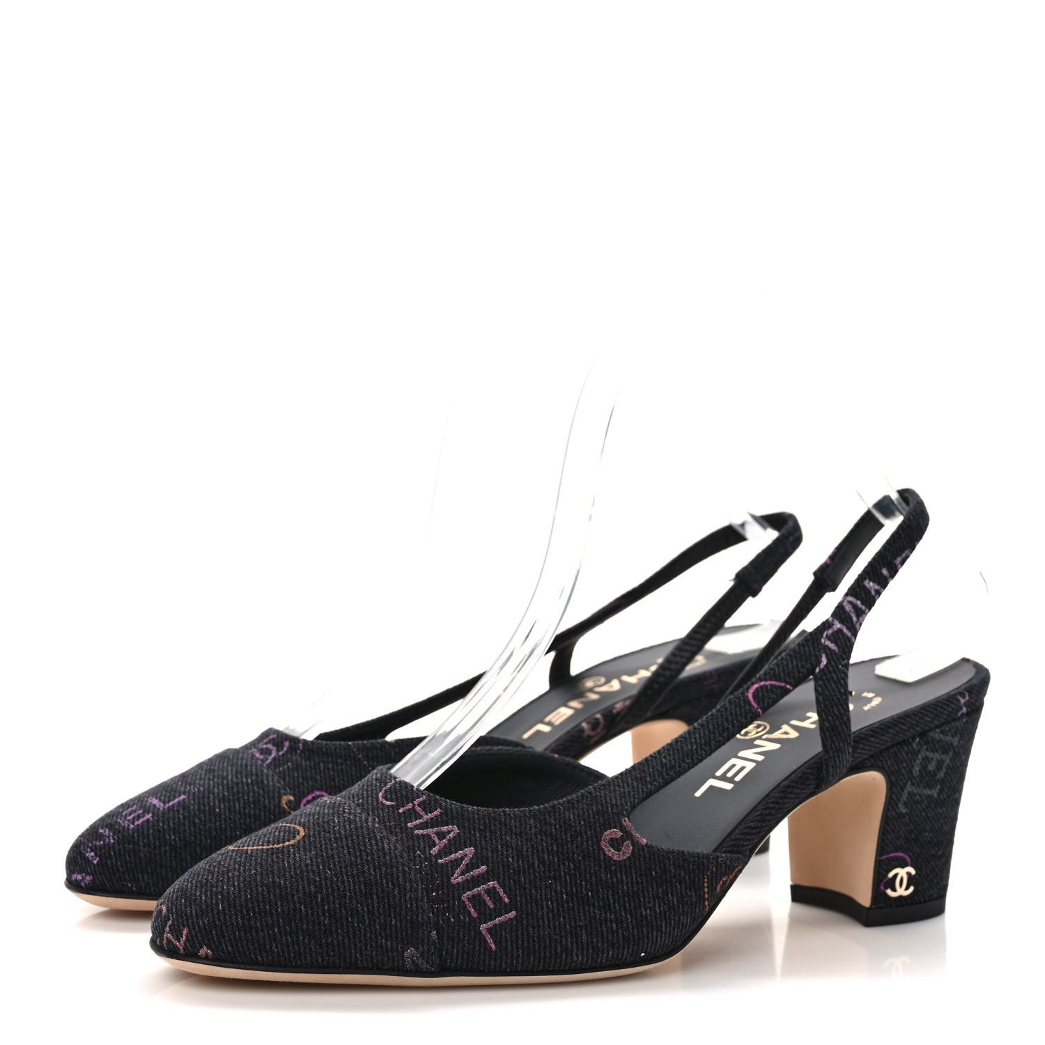 Chanel Denim Cap Toe Denim Mood Slingback Pumps 37 Black Multicolor 3 of 9