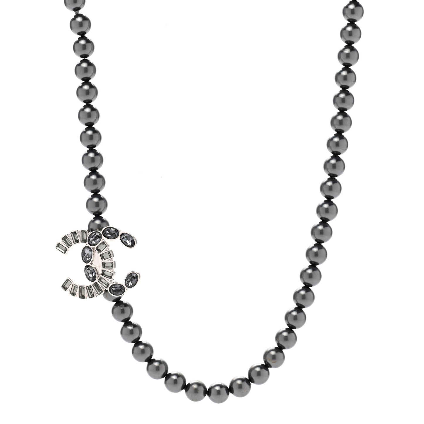 Pearl Baguette Crystal CC Necklace Silver Grey