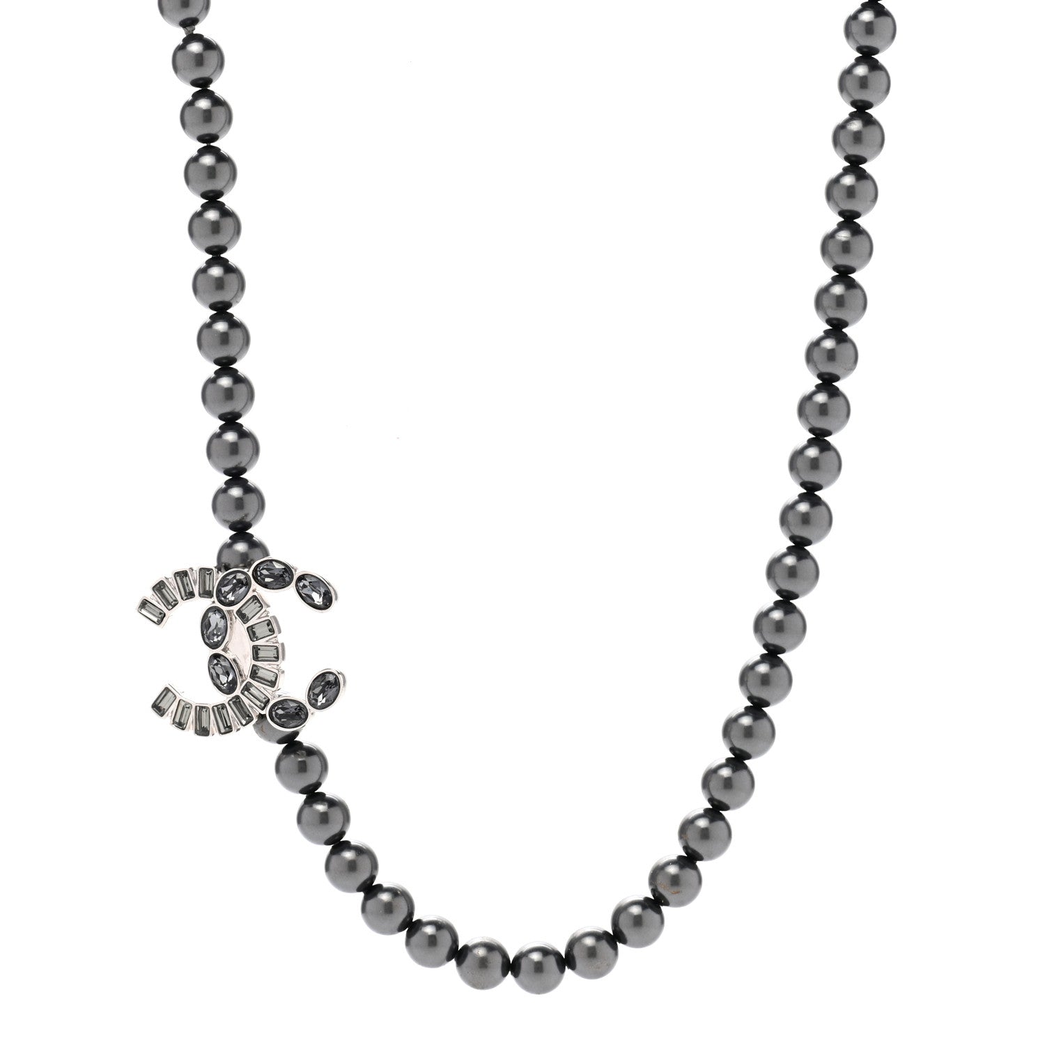 Chanel Pearl Baguette Crystal CC Necklace Silver Grey 1 of 6