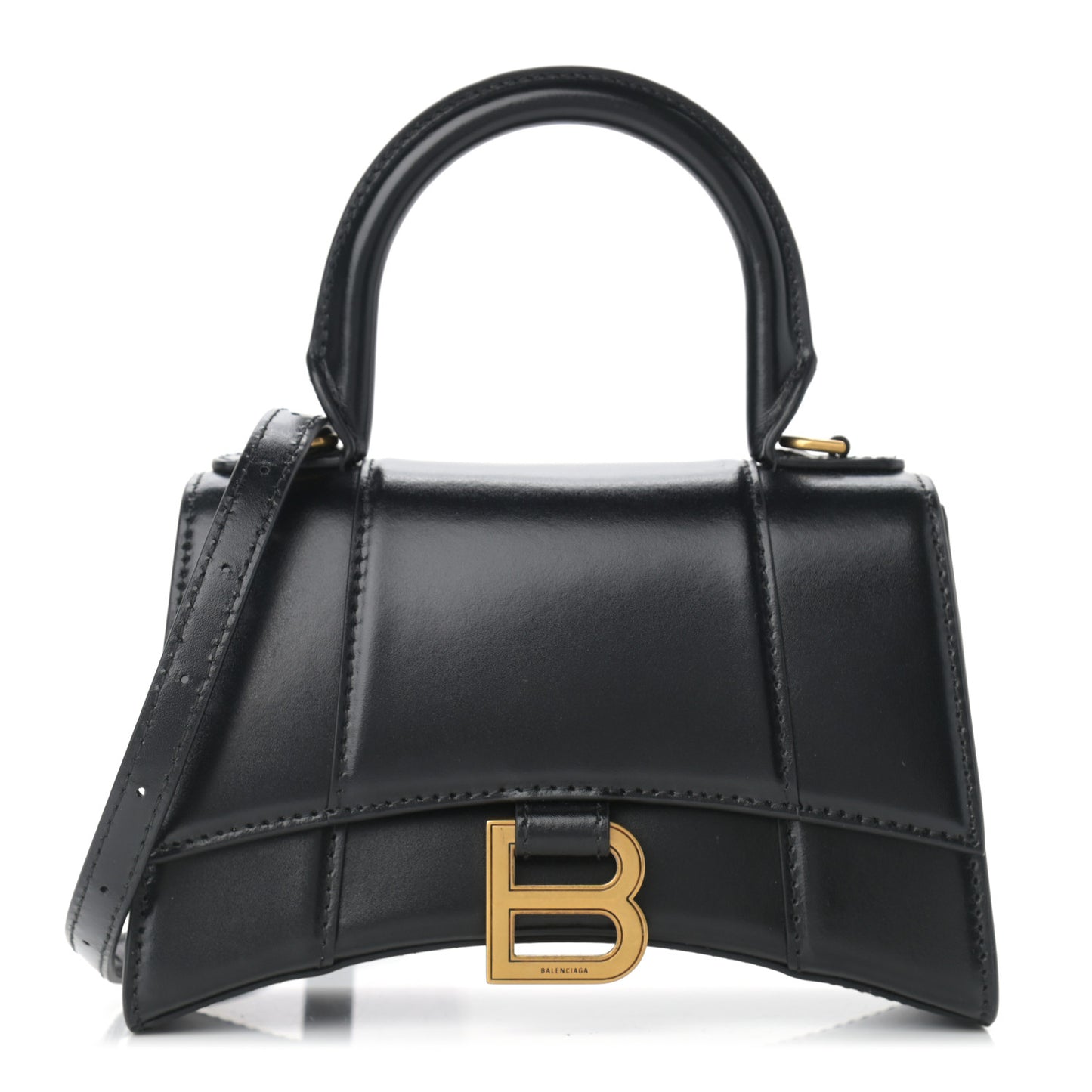 Shiny Box Calfskin Hourglass Top Handle Bag XS Black