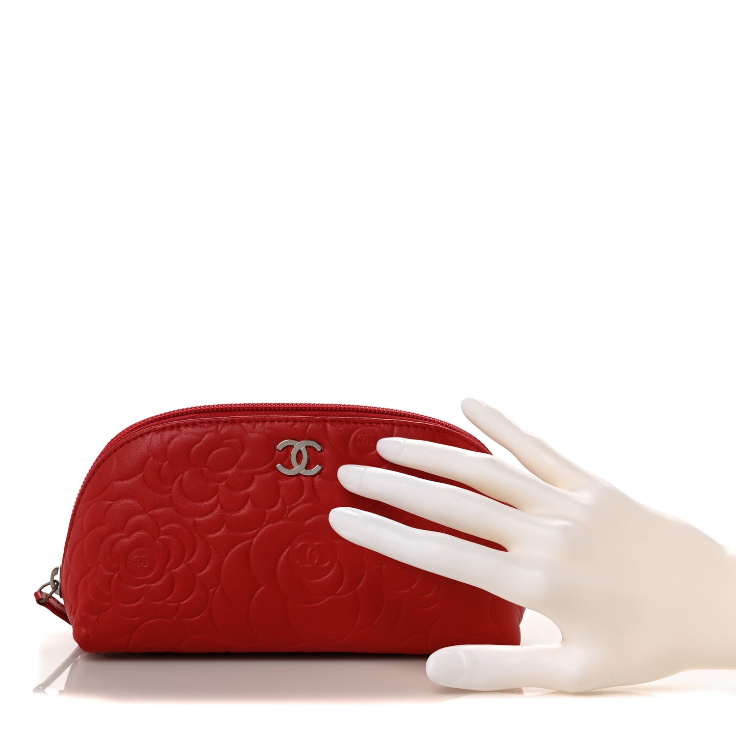 Lambskin Camellia Embossed Cosmetic Case Red