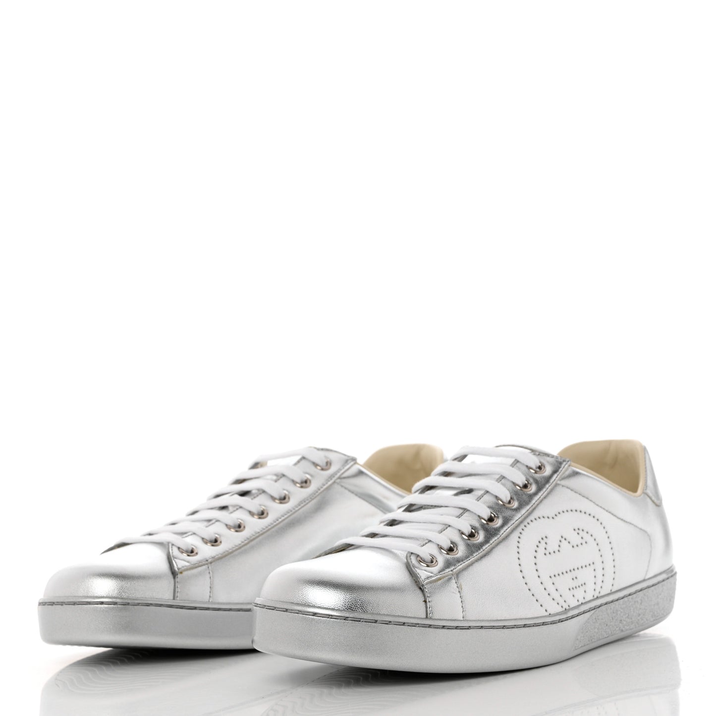 Metallic Nappa Interlocking G Perforated Mens Ace Sneakers 10 Argento