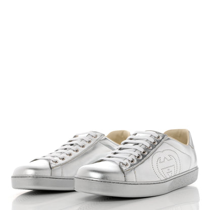 Gucci Metallic Nappa Interlocking G Perforated Mens Ace Sneakers 10 Argento 3 of 9