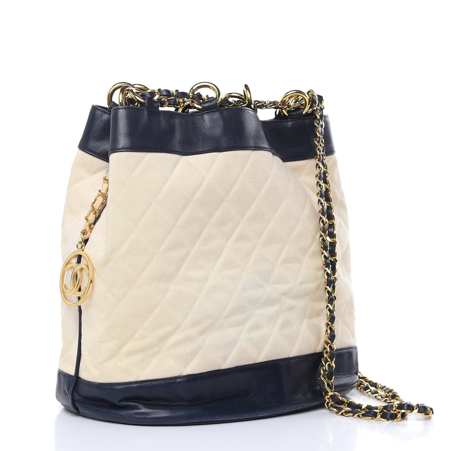 Lambskin Canvas Quilted CC Drawstring Shoulder Bag Beige Navy