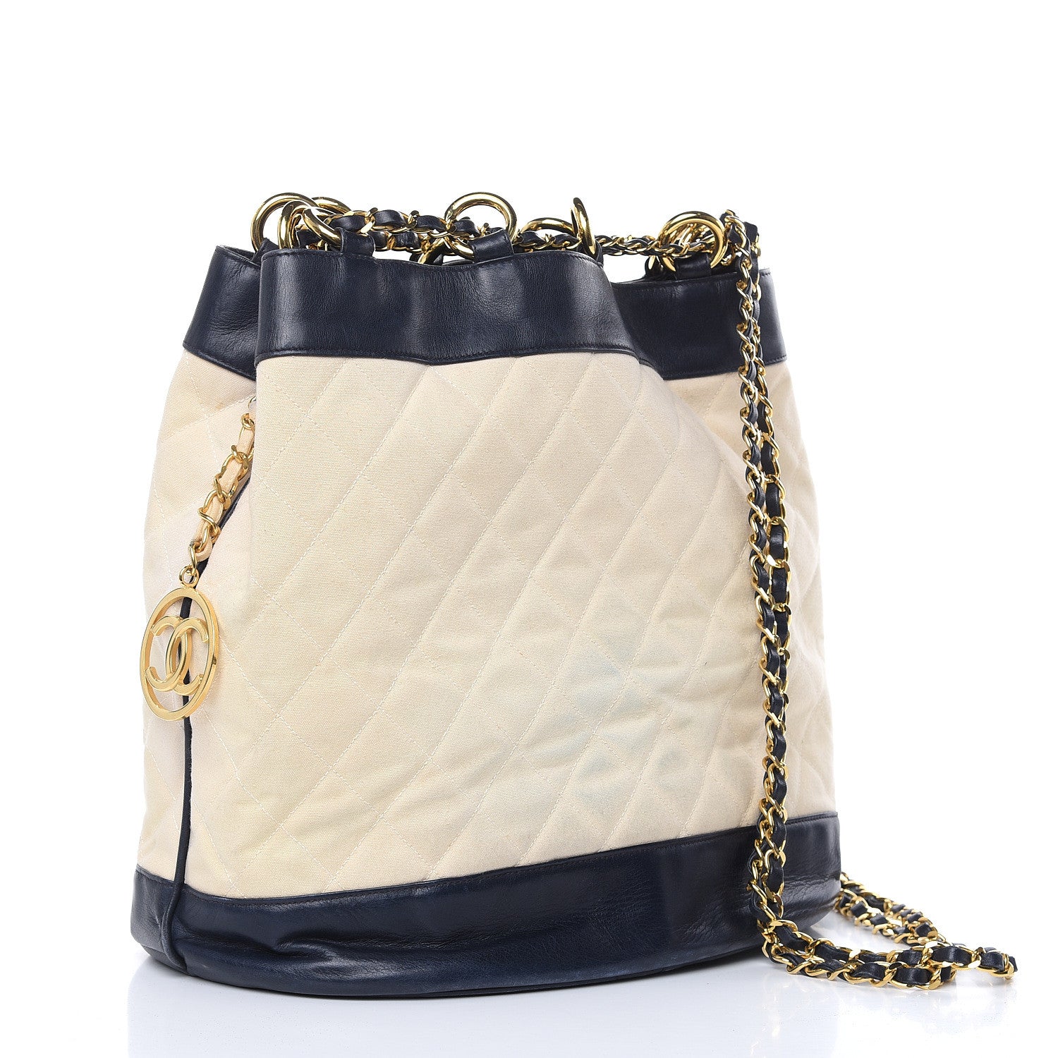 Chanel Lambskin Canvas Quilted CC Drawstring Shoulder Bag Beige Navy 3 of 15
