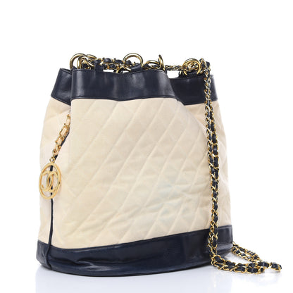 Chanel Lambskin Canvas Quilted CC Drawstring Shoulder Bag Beige Navy 3 of 15